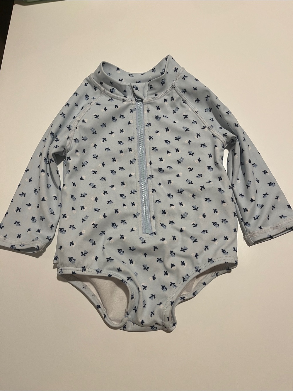 Baby Long-Sleeve One-Piece Swimsuit - Light Blue with Navy Print